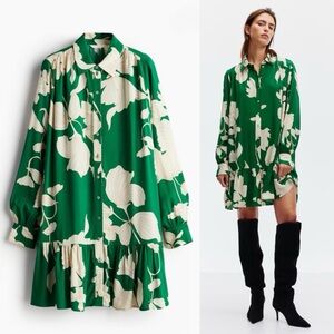 Green/Cream Floral Oversized Shirt Dress (S)